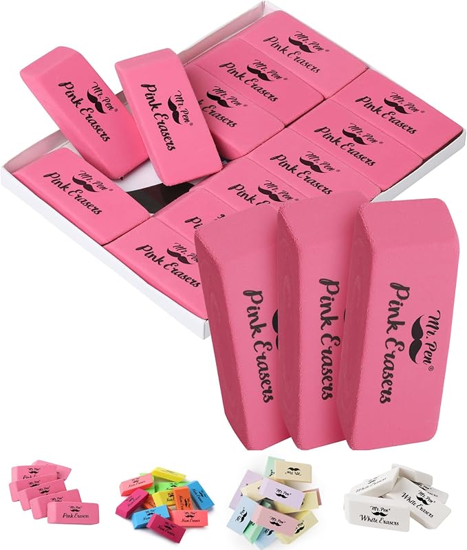 Mr. Pen Pink Pencil Erasers, Large, Pack of 12