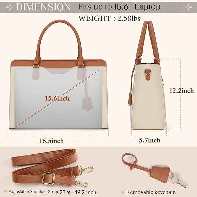 RAINSMORE Laptop Bag for Women 15.6 Inch Waterproof Leather Computer Tote Bag Professional Business Office Work Bags Briefcase Large Capacity Lightweight Women Handbag Shoulder Bag, Beige and Brown