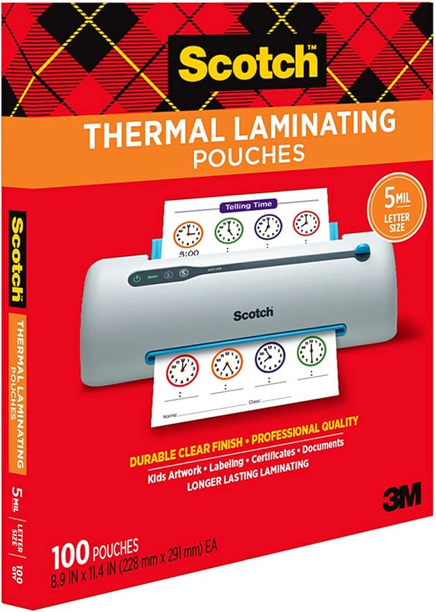 Scotch Thermal Laminating Pouches, 100 Count, Clear, 5 mil., Laminate Business Cards, Banners and Essays, Ideal Office or School Supplies, Fits Letter Sized Paper (8.9 in. × 11.4 in.)