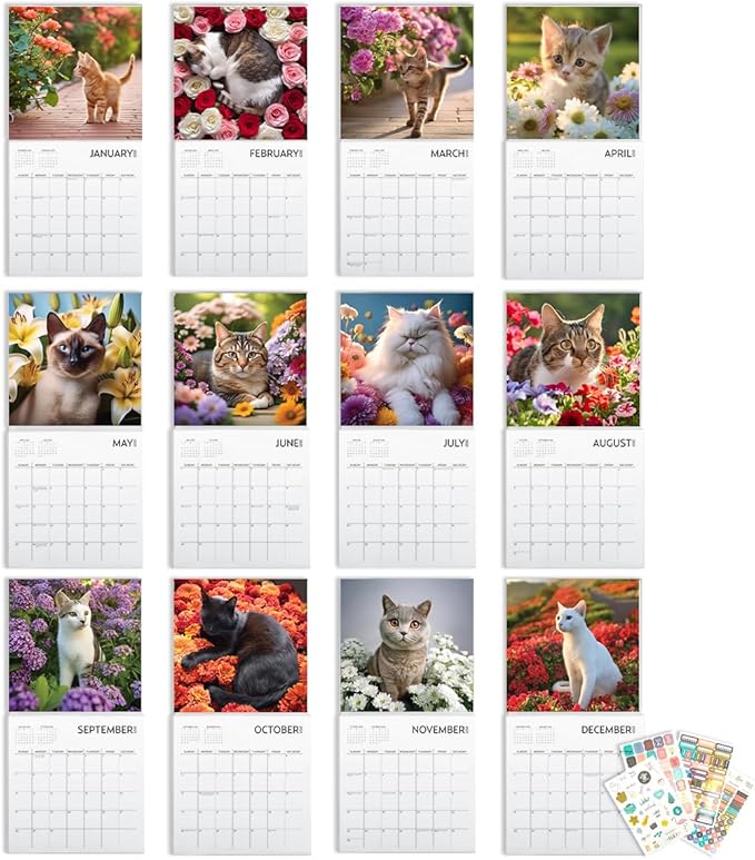Cats and Flowers Large Wall Calendar with Sticker Pack | 12 x 12 Inches | Awesome Sticker Pack | 2025 Wall Calendar | Christmas Gift (Cats and Flowers)