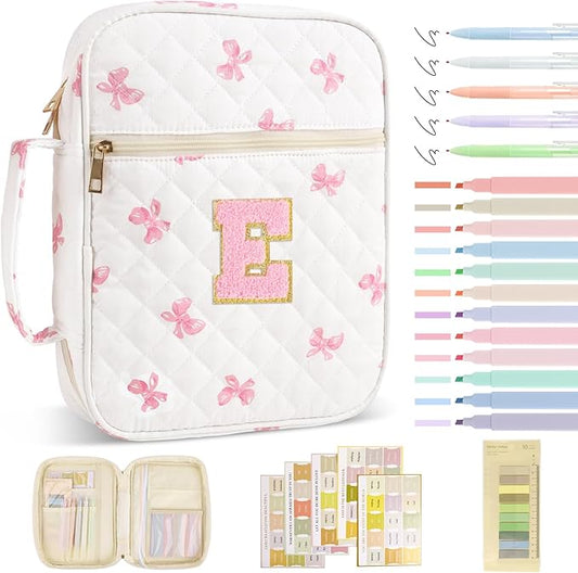 Personalized Initial Bible Cover Case for Women Girls Kid - Large Quilted Bible Case with Handle, Stylish Chenille Letter Bag Study Supplies, Perfect Christmas Gifts for Christians Women (Pink Bow-E)