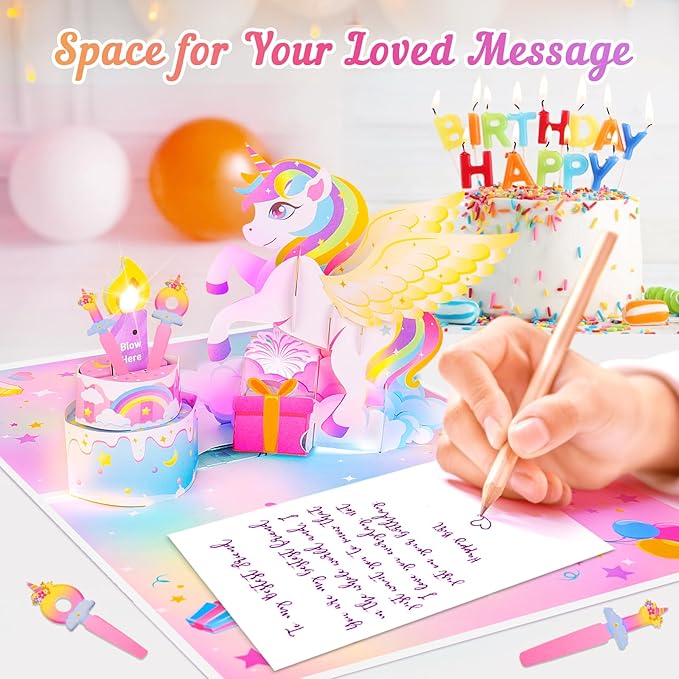 Birthday Card with Light&Music,Unicorn 3D Pop up Greeting Cards with Blowable Candle Birthday Gifts for Women Girls Daughter Sister Kids-With 0-9 DIY Number