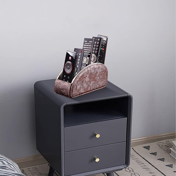 YAPISHI All-in-One Leather Brown TV Remote Holder with 5 Compartments Nightstand Desktop Media Player Remote Caddy Storage Box Organizer Tray for Mobile Office Phone Controller