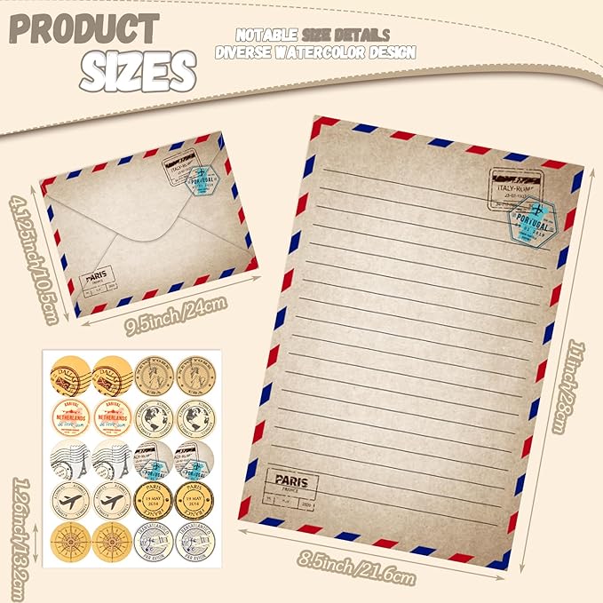 TaoBary 160 Packs Stationery Paper Set (50 Double Sided Stationery Writing Papers 50 Matching Envelopes) 60 Round Dot Sticker, 10 Design(Vintage Travel,8.5 x 11 Inch)