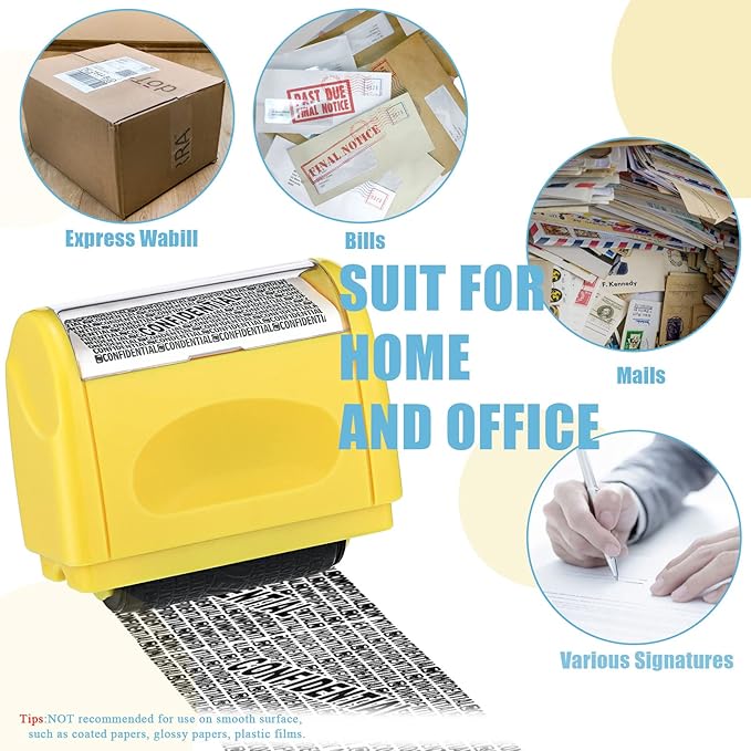 Nezyo 2 Pack Identity Protection Roller Stamp Identity Theft Stamp Confidential Roller Stamp Privacy Stamp Information Blocker Stamp and 4 Pack Refill Ink for ID Account Data Address Security(Yellow)