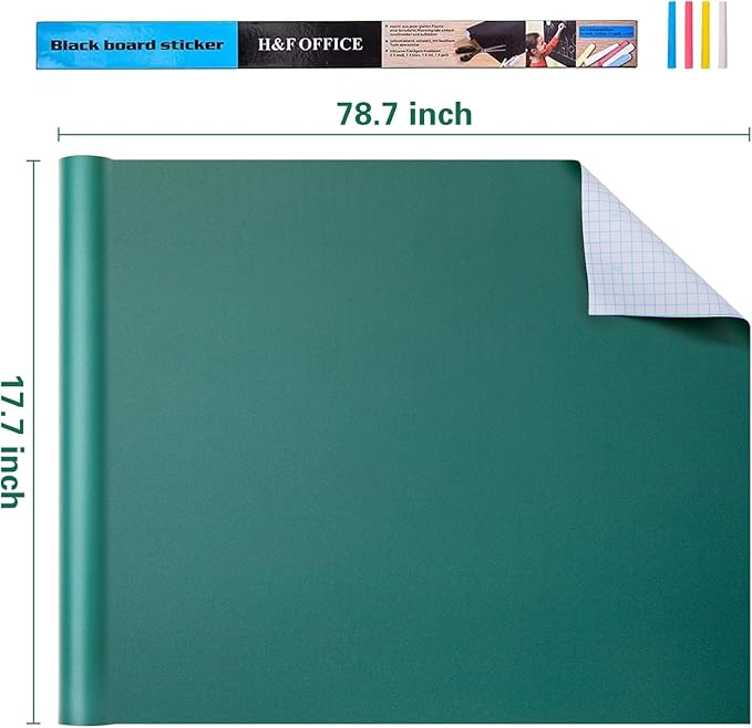 Chalkboard Wallpaper Stick and Peel: Green Contact Paper Classroom Chalkboard Stickers Chalk Board Paint Self Adhesive Wall Paper with 8 Colorful Chalks (35.4 X 78.7 Inches)