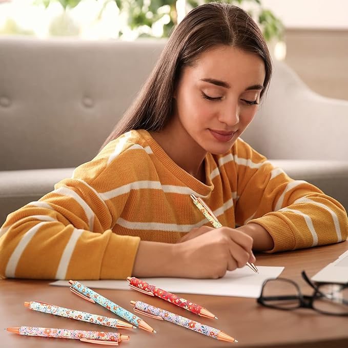 Glenmal 24 Pcs Flower Pens for Women Floral Ballpoints Pretty Fancy Pens Retro Floral Cute Ballpoints Black Ink Metal Retractable Writing Journaling Gifts for Office Supplies