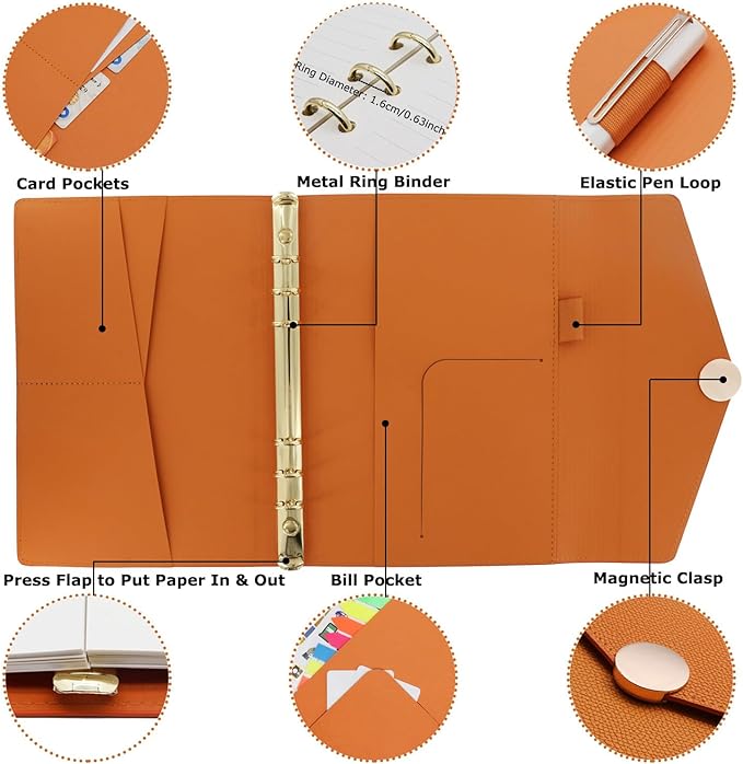 HXRTANGS PU Leather Notebook Binder Set A5, Refillable Writing Journal Planner Organizer with Paper Refills, Index Flags, Subject Dividers, Budget Stickers, Zipper Pocket and Bookmark Ruler, Orange