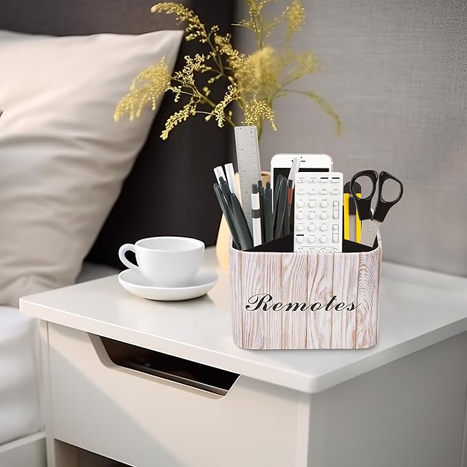 Hennaja Square Leather Art Supply Organizer,Remote Control Holder with Removable Dividers,360°Rotatable Pencil Holders,4 Compartments Organizer for Office Supplies Storage Box(1-Light Grey)