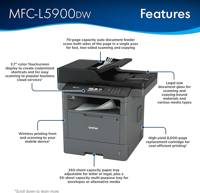 Brother Monochrome Laser Printer, Multifunction Printer, All-in-One Printer, MFC-L5900DW, Wireless Networking, Mobile Printing & Scanning, Duplex Print, Copy & Scan, Amazon Dash Replenishment Ready