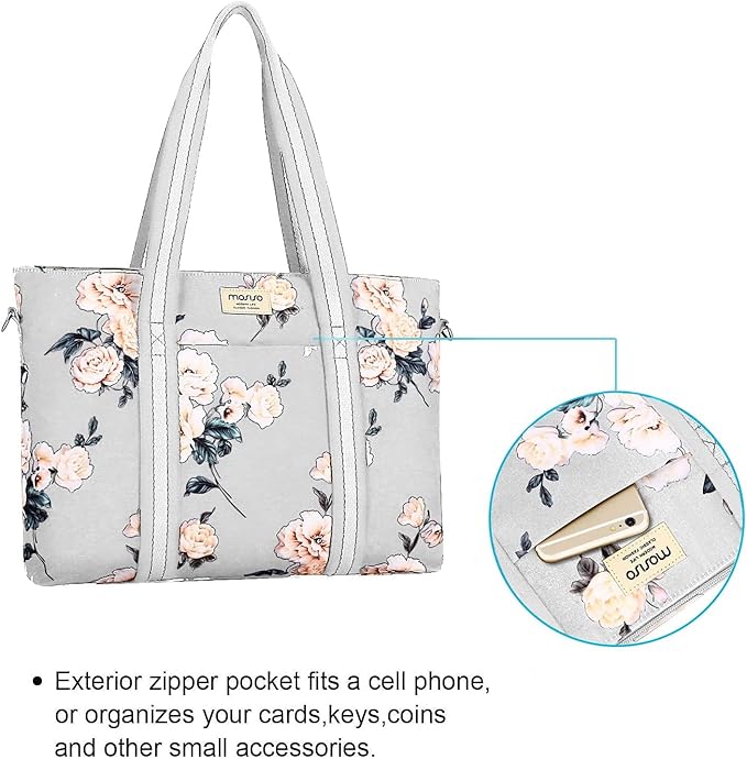 MOSISO Laptop Tote Bag for Women (17-17.3 inch), Canvas Camellia Multifunctional Work Travel Shopping Duffel Carrying Shoulder Handbag, Grey