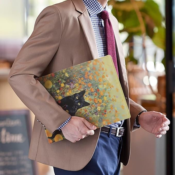 Black Cat Flower Portfolio Folder Leather Padfolio with A4 Size Clipboard Clip for Business Resume Interview Document Sleeve Binder Folder for Men/Women