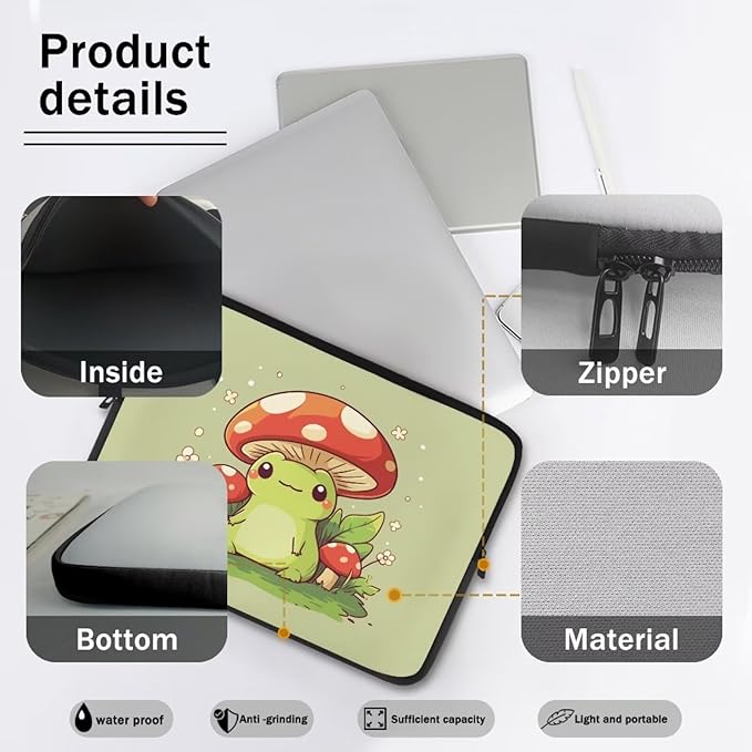 Mushroom Frog Laptop Sleeve for Women 15 inch Laptop Protector with Multiple Uses Computer Carrying Case Portable Tablet Bag Lap Top Case Cute Laptop Protector Green