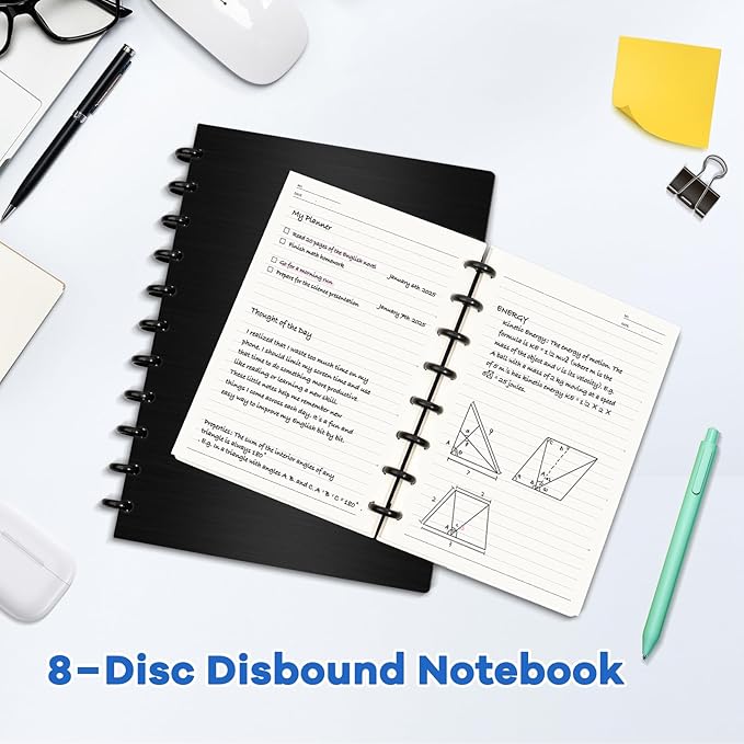 Discbound Notebook, 8-Disc Disbound Planner with Removable Pages, 180 Pages Spiral Notebook, Poly Cover Discbound Planner for Work, Travel, Note Taking(With Index Sticker),Black, A5