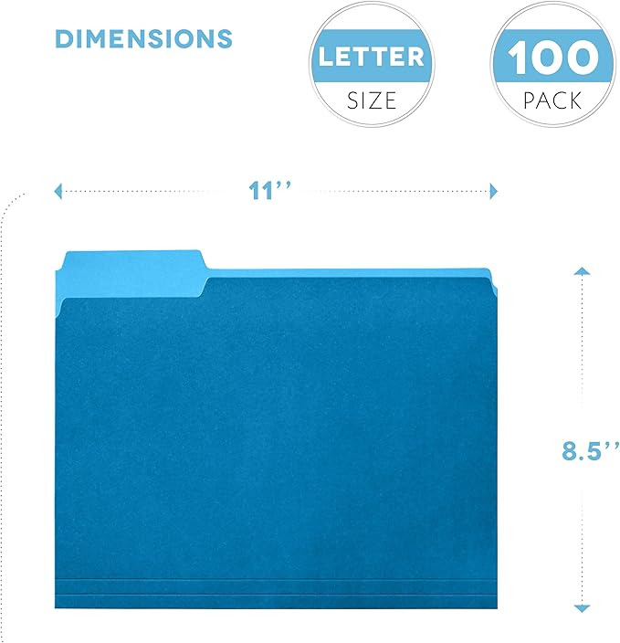 Colored File Folders Letter Size - 100-Pack Bulk, 10 Assorted Color File Folders for Documents, 1/3 Cut Tab - Office Supplies for Filing Cabinet, Desk, and File Folder Organization
