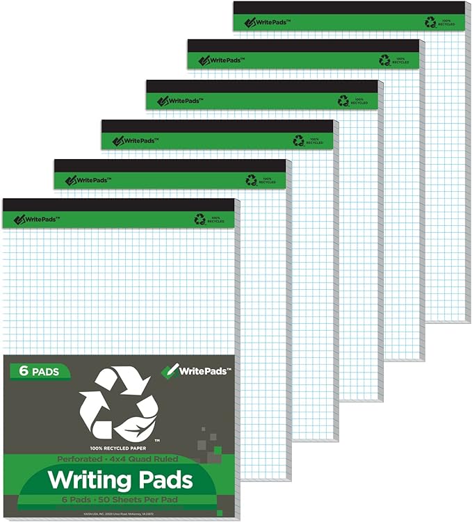 KAISA Legal Pad 4x4 Quad Ruled Writing Pads, Graph Ruled 8.5x11 Legal Pad Grid Paper Pads Recycled Note Pads, White 6pad, KSU-7525
