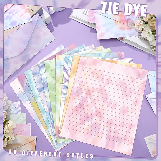 TaoBary 160 Packs Stationery Paper Set (50 Double Sided Stationery Writing Papers 50 Matching Envelopes) 60 Round Dot Sticker, 10 Design (8.5 x 11 Inch,Tie Dye)