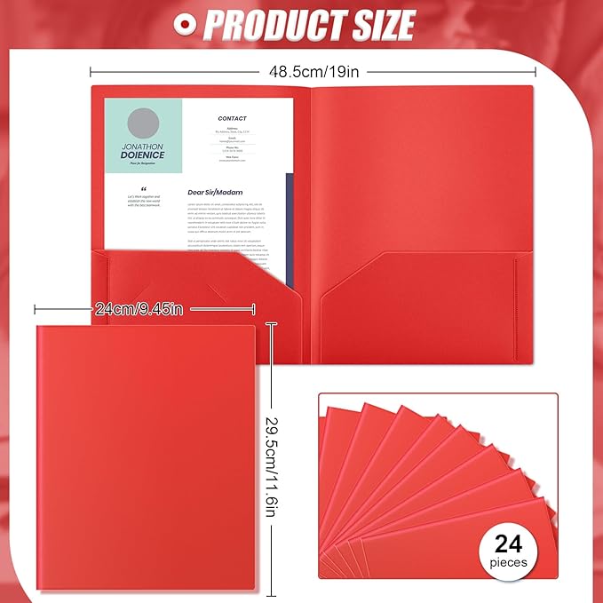 Gueevin 24 Pcs Plastic Folders with Pockets, Two Pocket Folder Fit Letter Size, Heavy Duty School Business Card Holder for Home Office School Bussiness, 11.61 x 9.45 Inches (Red)