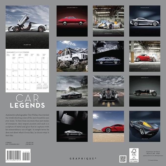 Graphique 2024 Car Legends Wall Calendar | 12” x 12” | Thick Paper | Home & Office Organizer | Large Monthly Grid | 3 Languages & Marked Holidays | 4 Month Preview Page for 2025