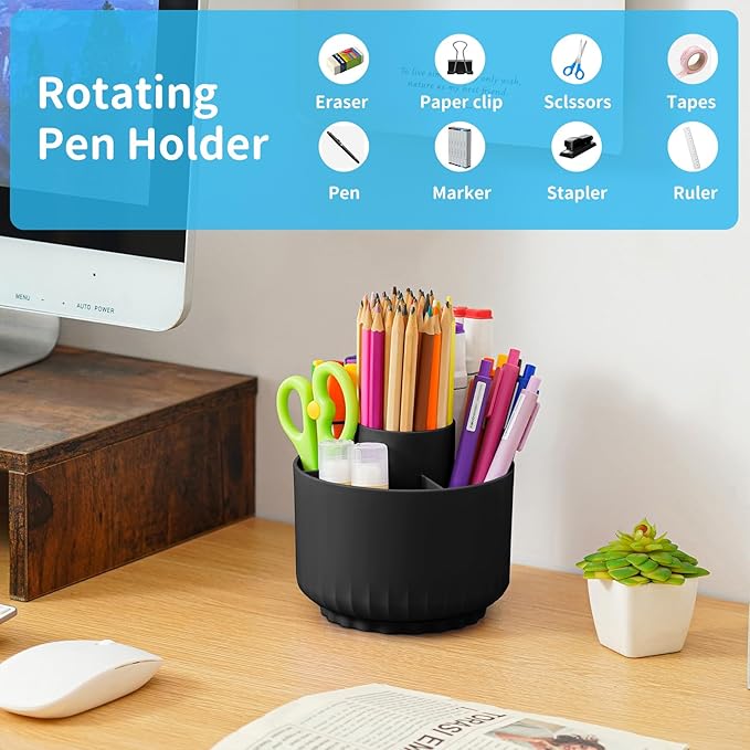 Marbrasse Desk Organizer, 360-Degree Rotating Pen Pencil Holder for Desk, Desk Organizers and Accessories with 5 Compartments Pencil Organizer, Art Supply Storage Box Caddy for Office, Home (Black)