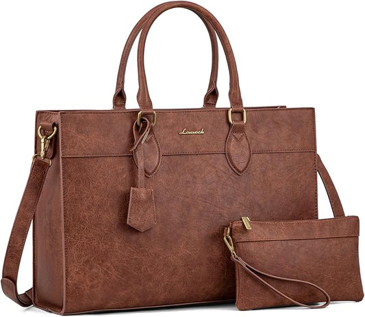 LOVEVOOK Laptop Bag for Women, 15.6 inch Laptop Tote Work Bag Purse, Large Waterproof Leather Computer Briefcase for Office, Reddish Brown