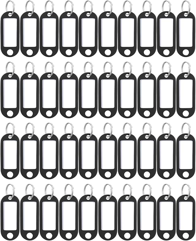 Uniclife 40 Pieces Key Tags 2 Inch Soft Plastic Key Chain Tags with Blank Paper Labels Clear Windows Protective Films and Split Rings Flexible Item Identifiers, Black