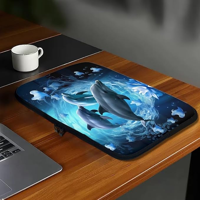 Dolphin Computer Sleeve for Women Men 10 inch Laptop Sleeve Durable Lap Top Case with Multiple Uses Tablet Bag Kawaii Animal Laptop Carrying Case Blue Flower Briefcase