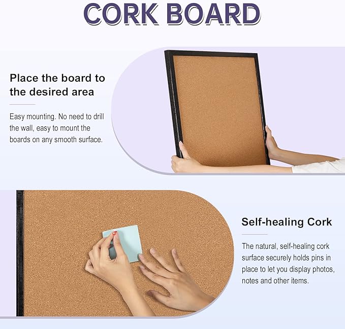 Cork Board Notice Board, 24" X 18“ Decorative Hanging Pin Board for Wall with Black Wood Frame, 50 Push Pins Included………