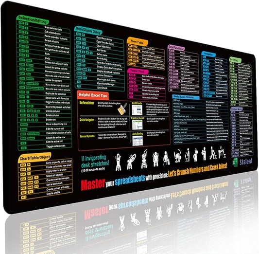 Excel Cheat Sheet Desk Pad, Updated Shortcuts & Gaming Desk Mat (31.5"x11.8") | Non-Slip, Spill-Proof, Black Fabric & Rubber Mat | Employee Appreciation Gift