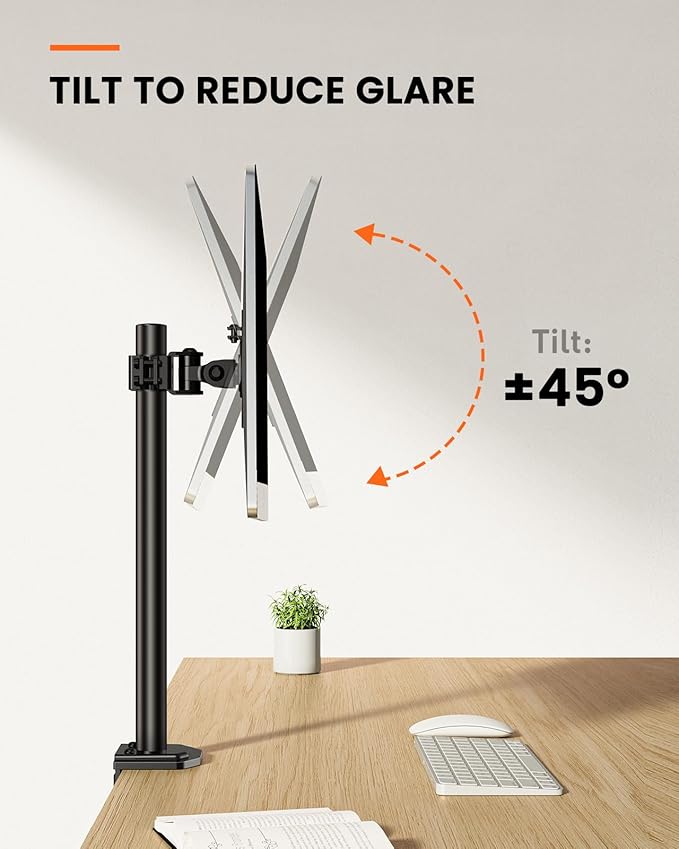 Ergear Monitor Mount for Most 13-32" Computer Screens up to 17.6lbs, Improved LCD LED Monitor Riser, Adjustable Height and Angle, Single Desk Mount Stand, Black, EGCM12