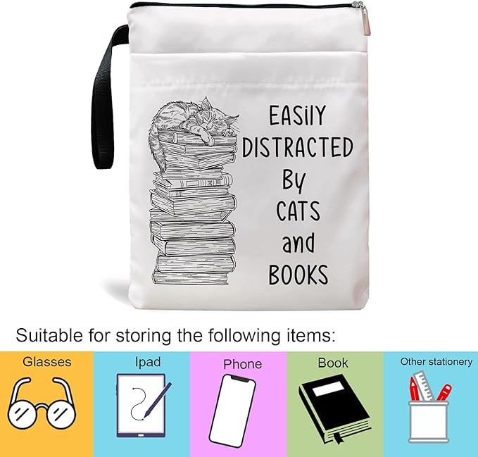 Book Sleeve, Book Covers with Zipper, Funny Cat & Book for Book Lovers, Gifts for Women Teacher Librarian Bookworm Bookish- Easily Distracted by Cats and Books (White-A, Large)