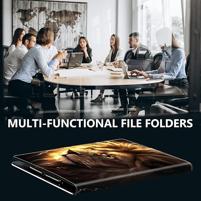 PU Leather Padfolio Clipboard Notepad with Pen Loop and Elastic Strap Interview/Resume Document Organizer for Business School Office,Lion with Lightning