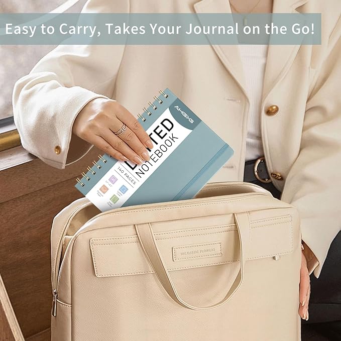 AHGXG Bullet Dotted Journal Spiral Notebook, Hardcover Leather Dotted Notebook 140 Pages, A5 Dot Grid Paper Notebook, 100 gsm Thick Paper, for Bullet Journaling, 5.7" x 8.3", GrayBlue