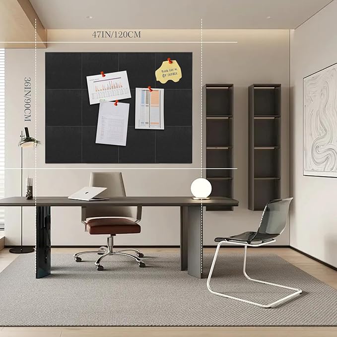 Bulletin Board 48 x 36, Black Cork Board Alternative for Office, 12 Count Felt Wall Tiles with Removable Adhesive Tabs, Square Pin Board Tack Board with 30 Pushpins(Black)