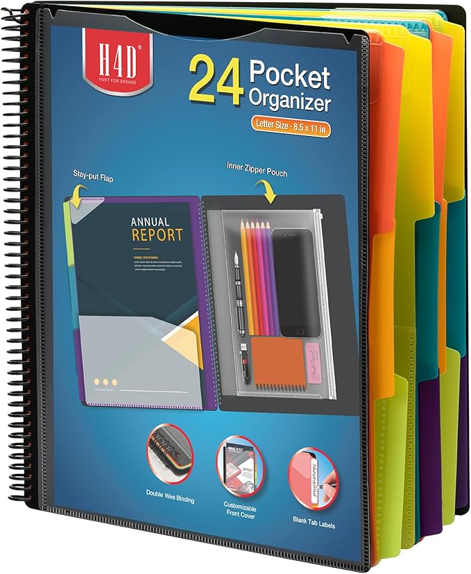 H4D 24 Pocket Poly Project Organizer, Spiral Multi Pocket Folder Organizer, Multi-Subject Folder Notebook, Letter Size