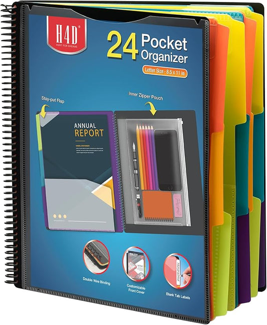 H4D 24 Pocket Poly Project Organizer, Spiral Multi Pocket Folder Organizer, Multi-Subject Folder Notebook, Letter Size