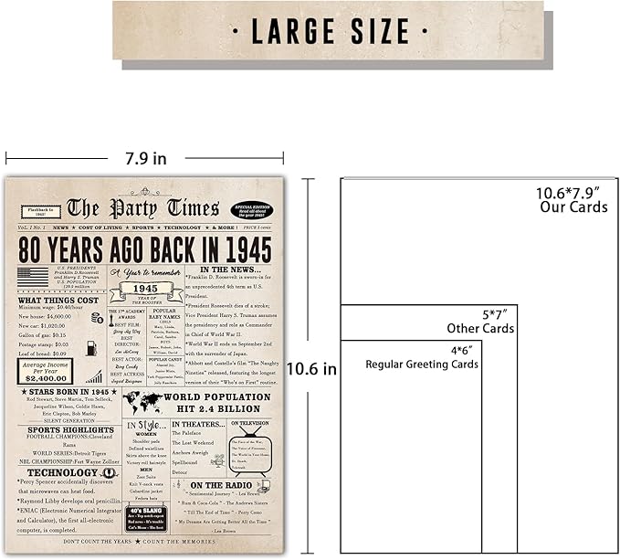 Ziwenhu Large 80 Years Old Birthday Gifts for Women Men,Vintage 80th Greeting Birthday Cards Decorations for Husband Wife,Special 80th Birthday Card for Grandparent