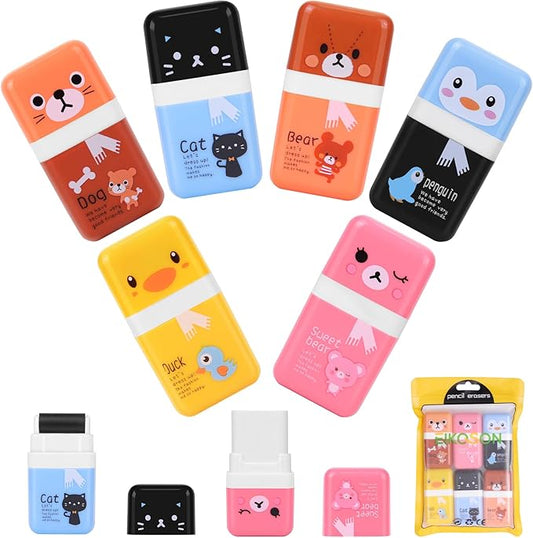 6 Pack of Pencil Erasers, Kids Eraser with Roller and Cover, Fun and Cute Animal Themed Eraser, Great Gift for Kid of Cute School Supplies