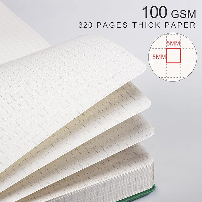 EMSHOI Graph Paper Notebook - 320 Pages, A5 Hardcover Leather, 100gsm Thick Paper, Square Grid Notebook for Women Men Work School Math Writing, Graphing, Engineering, 5.75 x 8.38, Dark Green