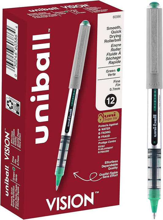 Uniball Vision Rollerball Pens, Green Pens Pack of 12 - 0.7mm Fine Point Medium Ink - Japanese Pens, Smooth Writing Pens, School & Office Supplies