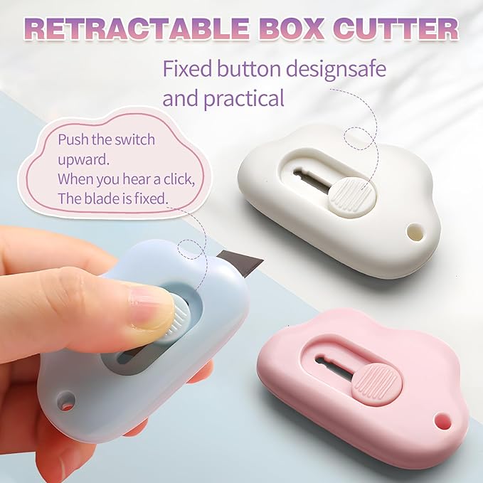 Mini Cloud Box Cutters Retractable Cute, 3 Pcs Small Utility Knives, Portable Letter Opener Slide Open with Keychain Hole, for Office School Stationery, Cutting Box Envelopes Papercutting