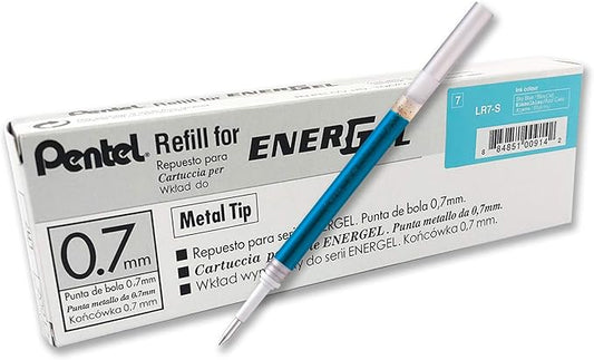 Pentel Refill Ink For EnerGel and Lancelot Gel Pen, (0.7mm) Metal Tip, Sky Blue Ink, Pack of 12 (LR7-S)