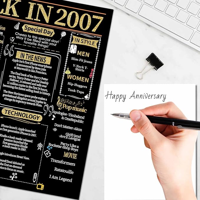 Joycard 18th Anniversary Card for Women Men, Gold Wedding Card for Wife Husband, Sweet Marriage Decorations Gifts for Couple, Perfect for Her Him on Anniversary Day, Back in 2007