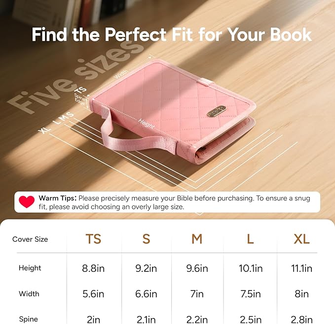 Adjustable Bible Cover with 75 Bible Tabs - Bible Cover Case for Women，Waterproof, Washable Quilted Bible Case，Reusable Christian Gifts for Women (Pink, TS)