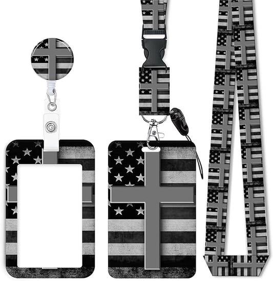 ID Badge Holder with Retractable Lanyard and Keychain, Badge Reel with Rotate Carabiner Clip,Black White American Flag Cross Card Name Tag Lanyard ID Protector Bage Clips for Student, Women, Office