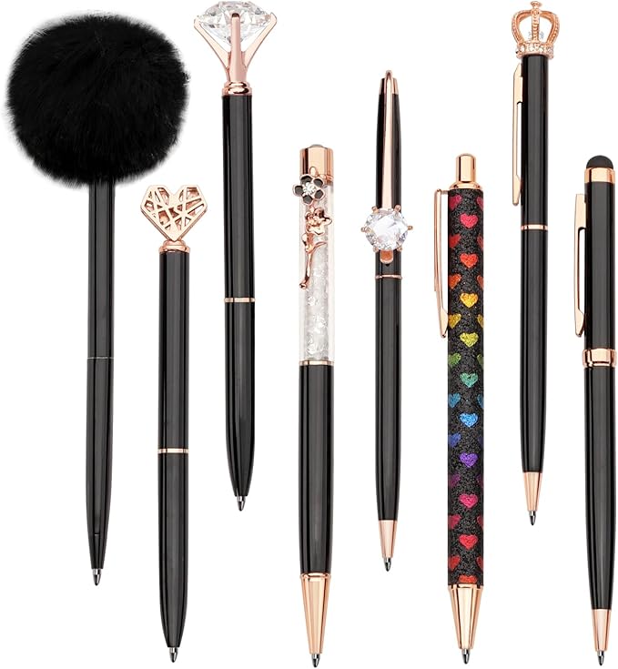 WEMATE 8Pcs Ballpoint Pens Set Metal Crystal Diamond Pen Glitter Pen for Journaling Black Pen Bling in Black & Blue Ink Pretty Cute Pens Fancy Pens Gifts for Women Wedding School Office Desk(Black)