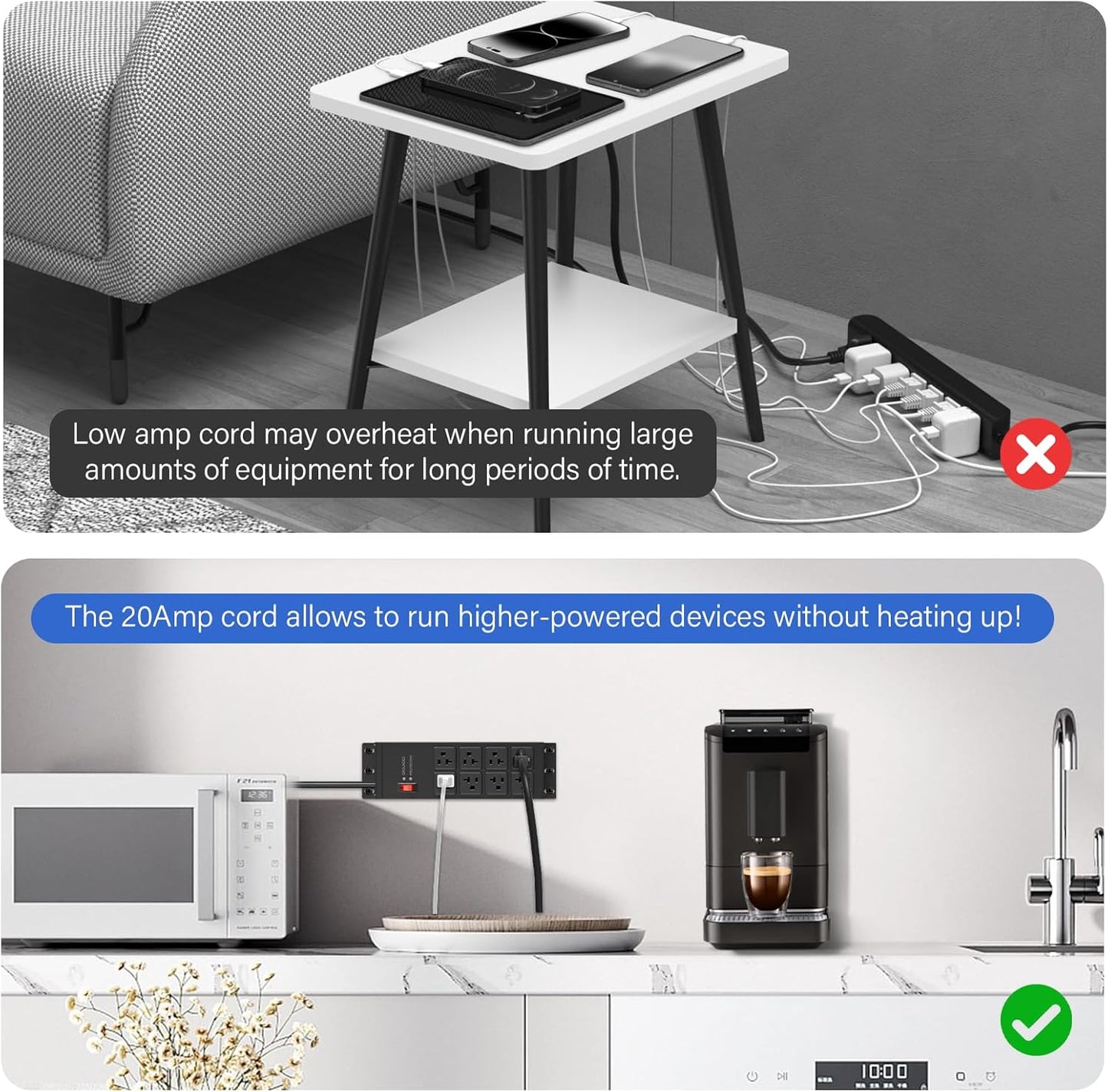 CCCEI 2PCS Heavy Duty Power Strip Surge Protector 20 AMP, 8 Outlets 12 Gauge Shop Garage Metal Multiple Outlets, 4 FT Extension Cord 5-15P Adapter High Amp 6-20R T-Slot 20a for Appliance Black.