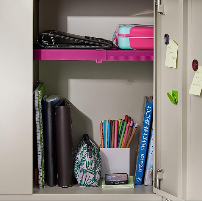 LockerMate Adjust-A-Shelf Locker Shelf, Extends to Fit Your Locker, Easy to Use, Perfect for School, Office, Gym, Pink
