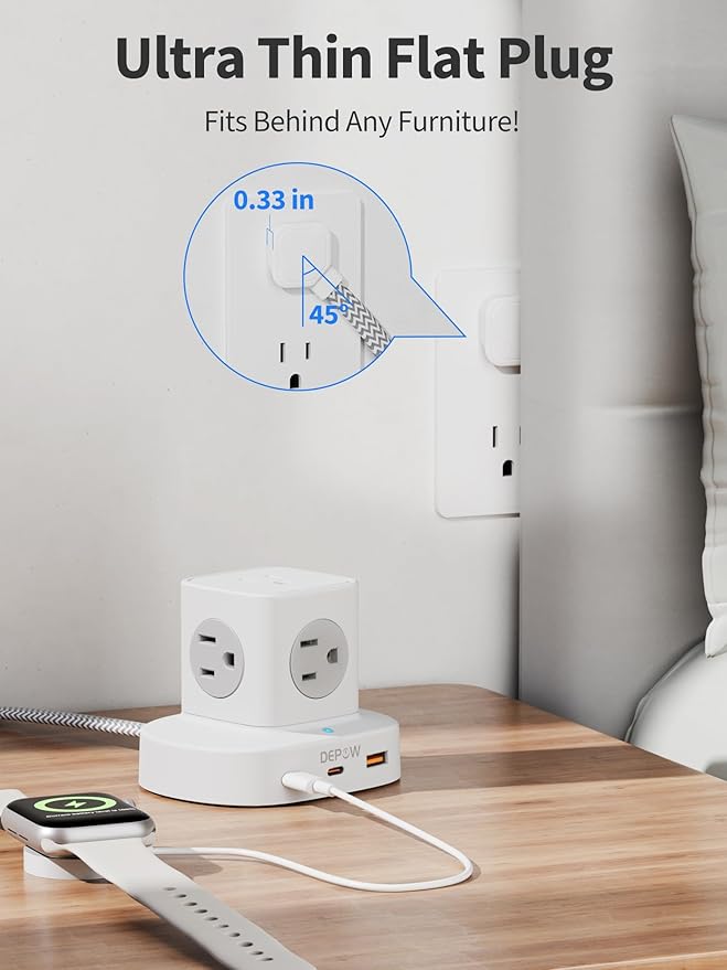 Power Strip Tower with USB-C, Small Surge Protector (1700J), 5 FT Extension Cord with 5 AC Outlet 3 USB Ports(2 USB C), Travel Charging Station with Overload Protection for Office, Dorm, Hotel