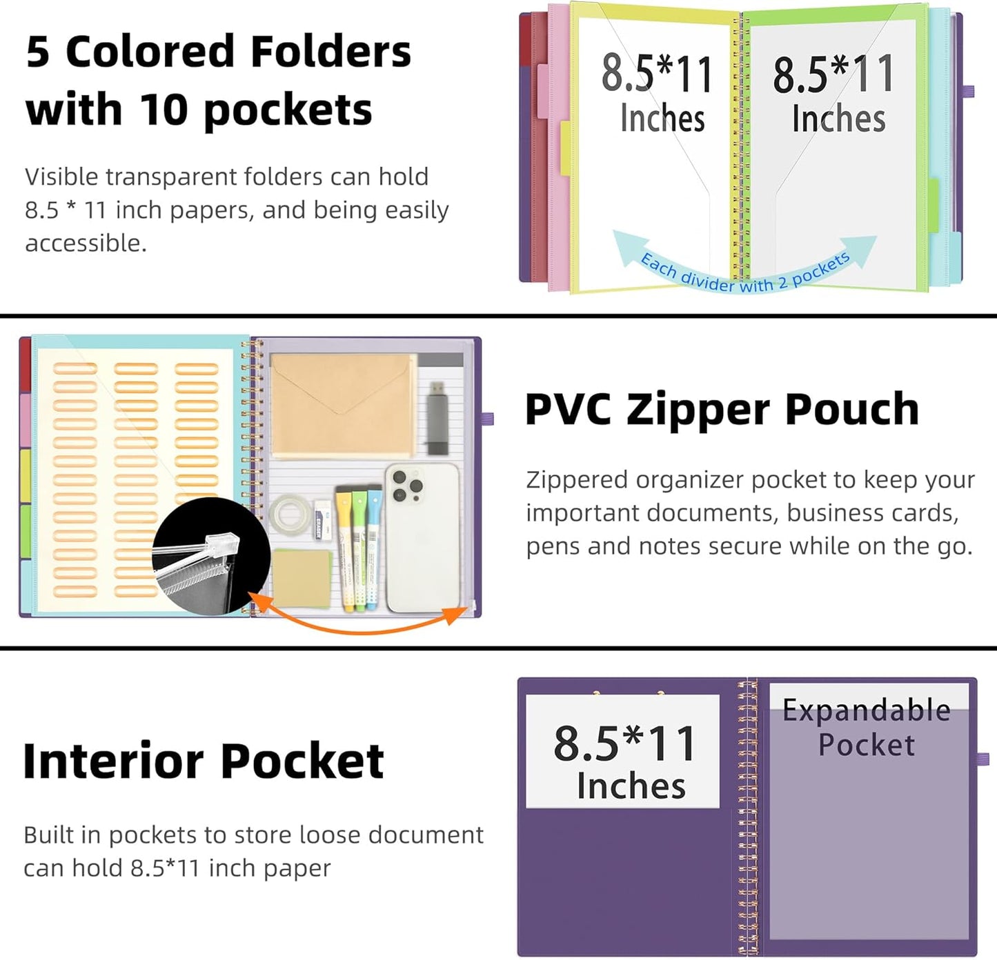 Ospelelf Leather Spiral Clipboard Folder with Storage Zipper Pouch, Foldable Clipboard Folio with Notepad for Letter Size, 5 Folders with 10 Pockets, 39 Divider Label Stickers (Purple)